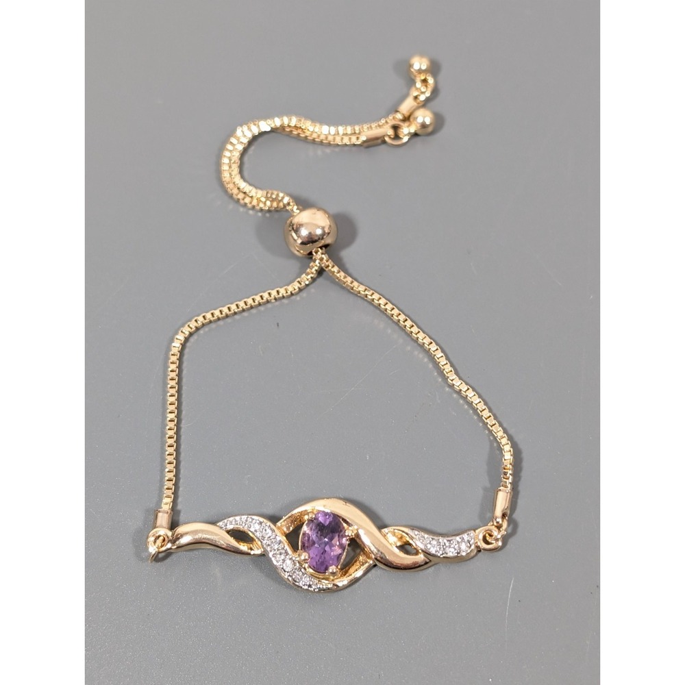 Purple Oval CZ Gold Tone Tennis‎ Bracelet Adjustable Chain Birthstone